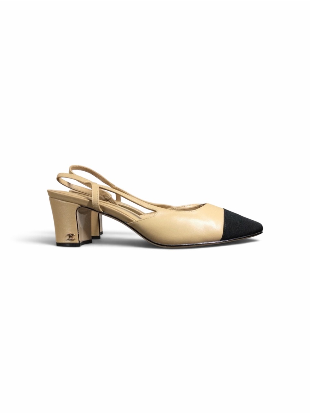 CHANEL 2025 Classic Beige / Black Goatskin and Grosgrain CC Slingbacks 40C NEW